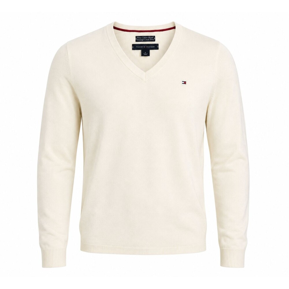 Tommy Hilfiger Men's Medium Pima Cotton Blend V-Neck Sweater Cream